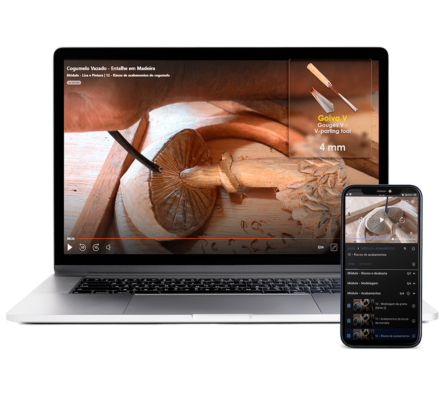entalhe em madeira curso online - cogumelo vazado - Evandro Pires